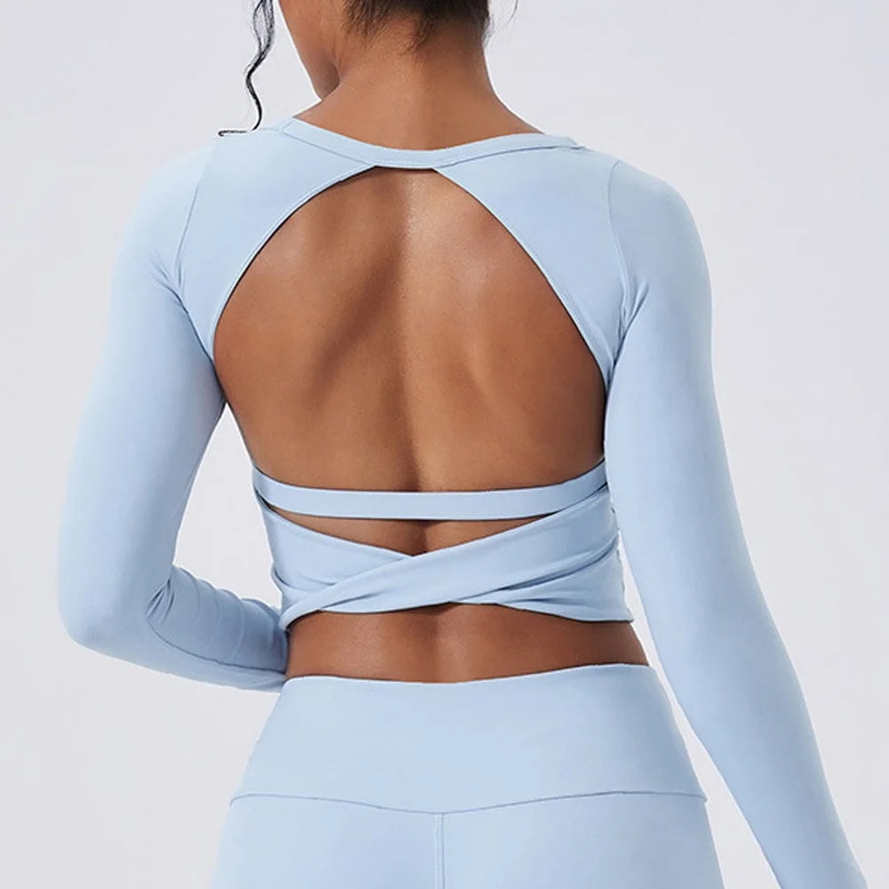 Cloud Hide Yoga Shirt Sexy Back Long Sleeve — Gray | KIMLUD