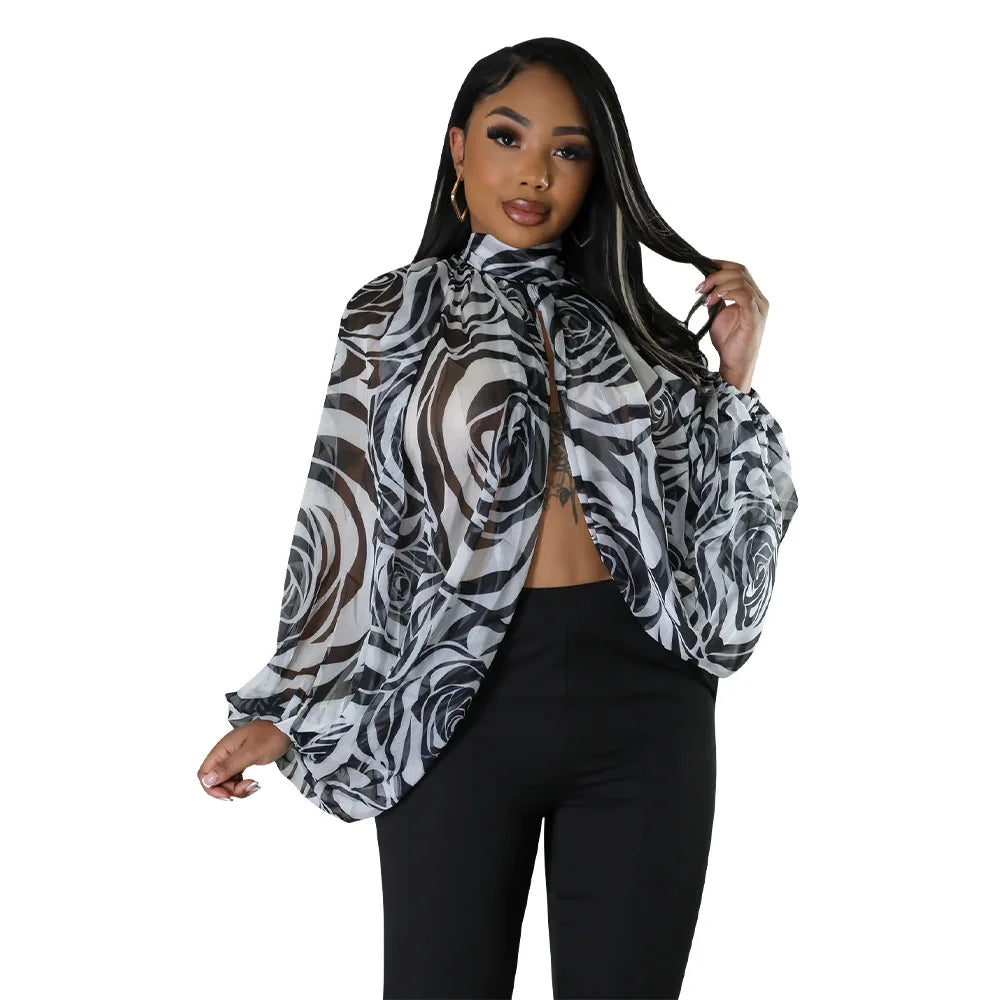 Women See Through Sheer Chiffon Blouse Sexy Front Back Open High Neck Self Tie Shawl Casual Shirts Y2K Night Club Party Tops