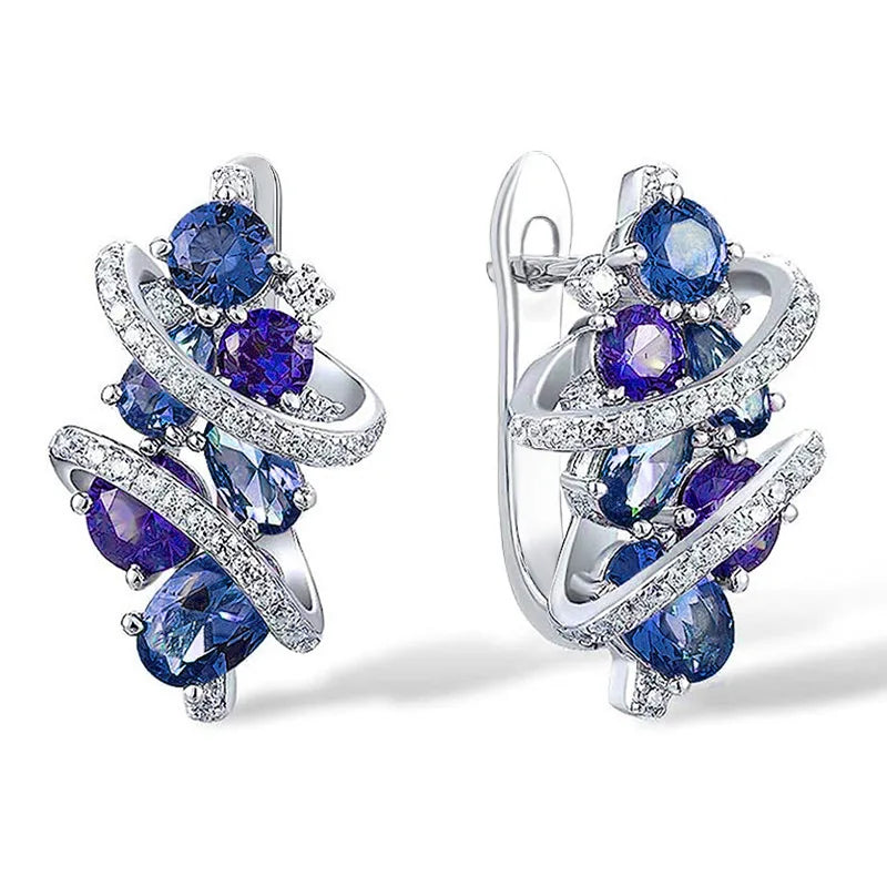 Cubic Zirconia Hoop Earrings Elegant Bridal Style — Green/Blue | KIMLUD