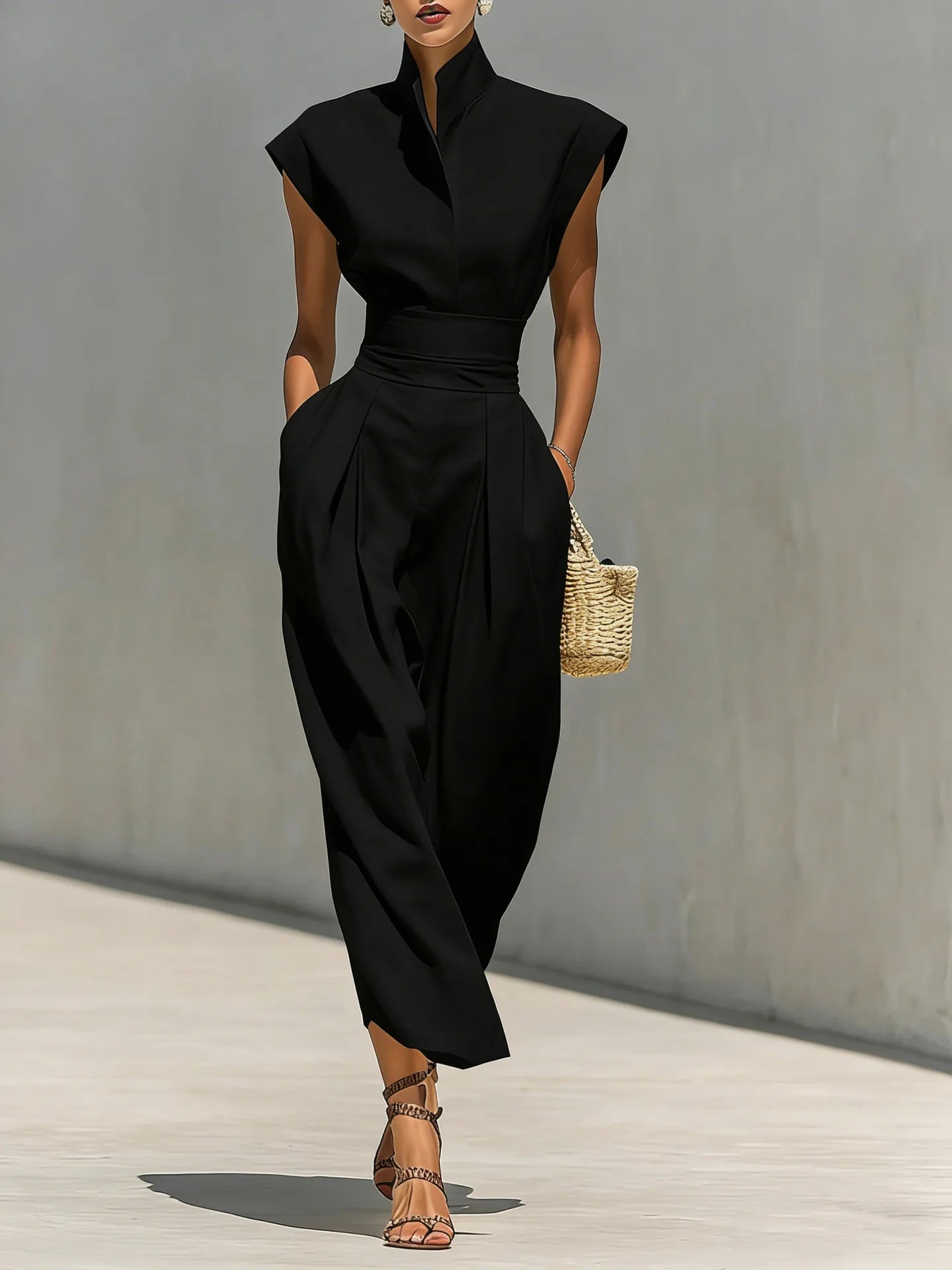 Dresses High Waist Pocket Polyester Sleeveless Midi Solid | KIMLUD
