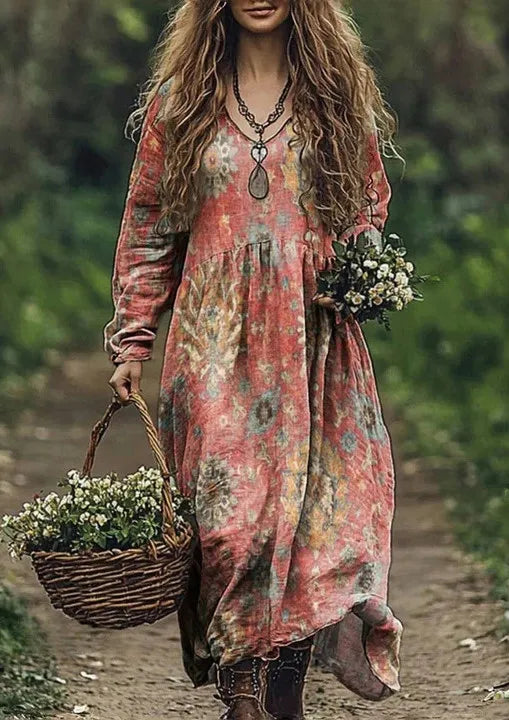 Boho Vintage Print Long Dresses For Women 2025 Casual V Neck Full Sleeve Splice High Waist Loose Dress Autumn Fashion Vestidos