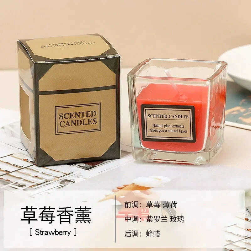 KIMLUD, Candy Color Fragrance Candle Fragrance Environment Glass Square Cup Bedroom Household Decoration Small and Fresh, KIMLUD Womens Clothes