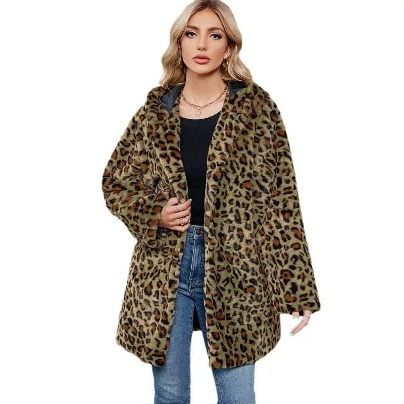 KIMLUD, ZXRYXGS 2025 New Fashion Autumn Winter Coats Loose Medium Length Jackets Leopard Print Imitation Fur Coat Women's Clothing Tide, KIMLUD Womens Clothes