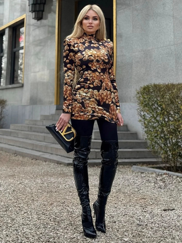 VC Grape Printed Gold Velvet Turtleneck Slim Mini Dress Women Button Design Long Sleeves Celebrity Cocktail Club Party Dress