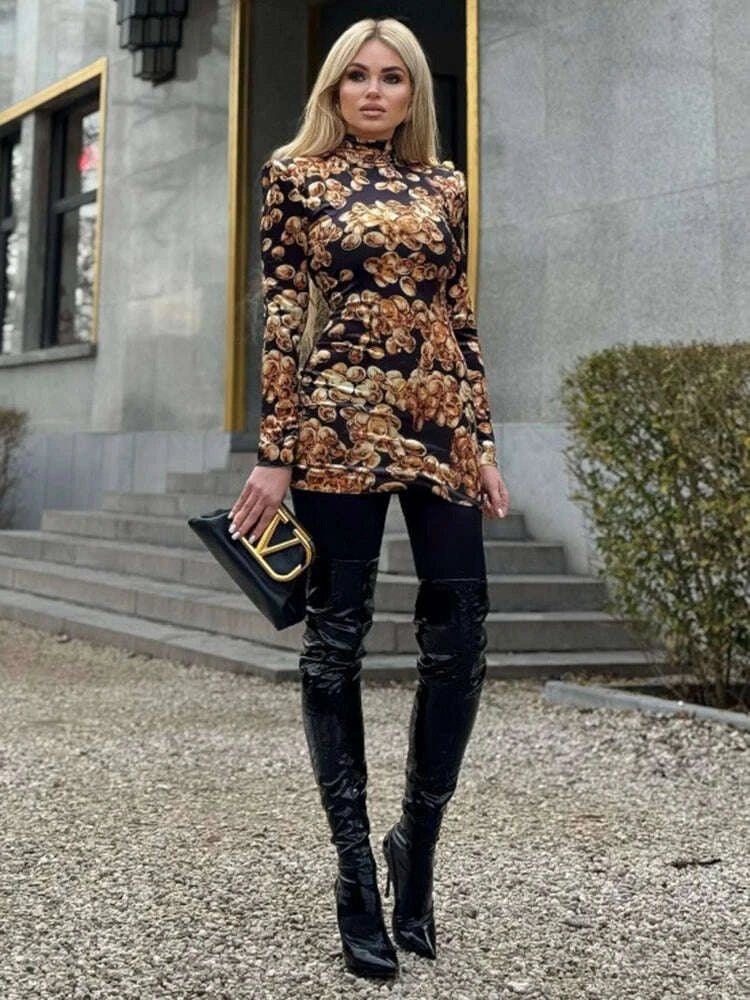 KIMLUD, VC Grape Printed Gold Velvet Turtleneck Slim Mini Dress Women Button Design Long Sleeves Celebrity Cocktail Club Party Dress, KIMLUD Womens Clothes