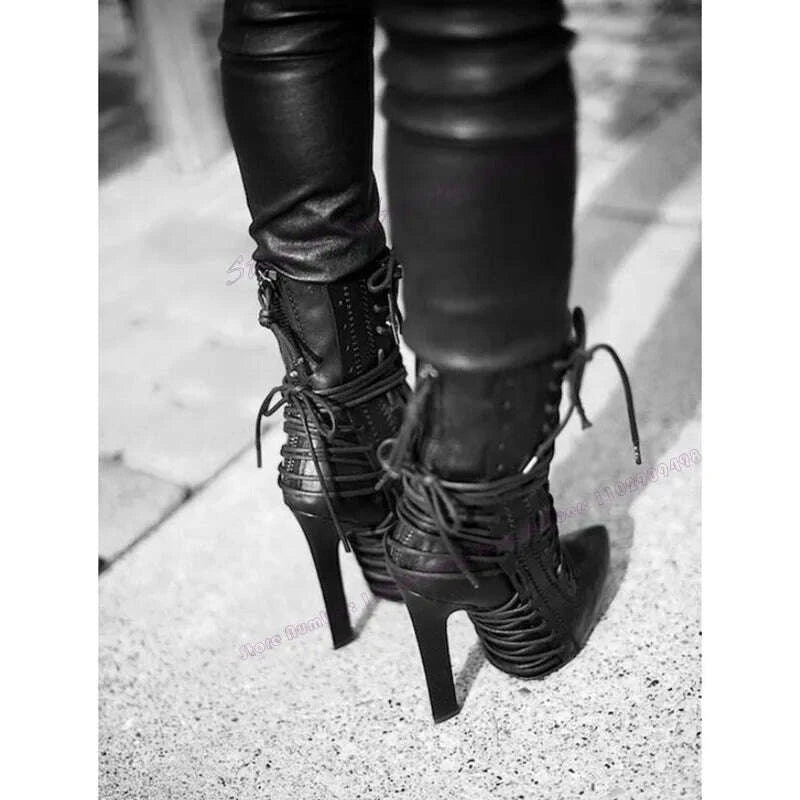 KIMLUD, Black Matte Leather Cross Tied Ankle Boots Po inted Toe Shoes for Women Thin High Heels Sexy Lady Shoes 2025 Zapatos Para Mujere, KIMLUD Womens Clothes