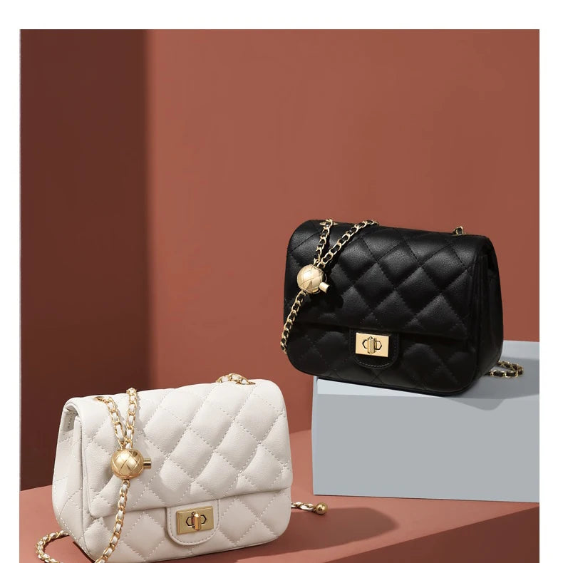 Leather Chain Crossbody Bag With Structured Small Square Silhouette And Polished Hardware — Black | KIMLUD