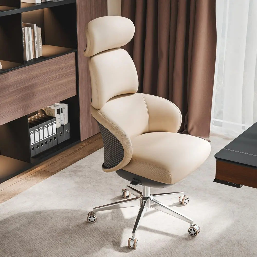 Leather Desk Chair With Wheels And Headrest — Black | KIMLUD