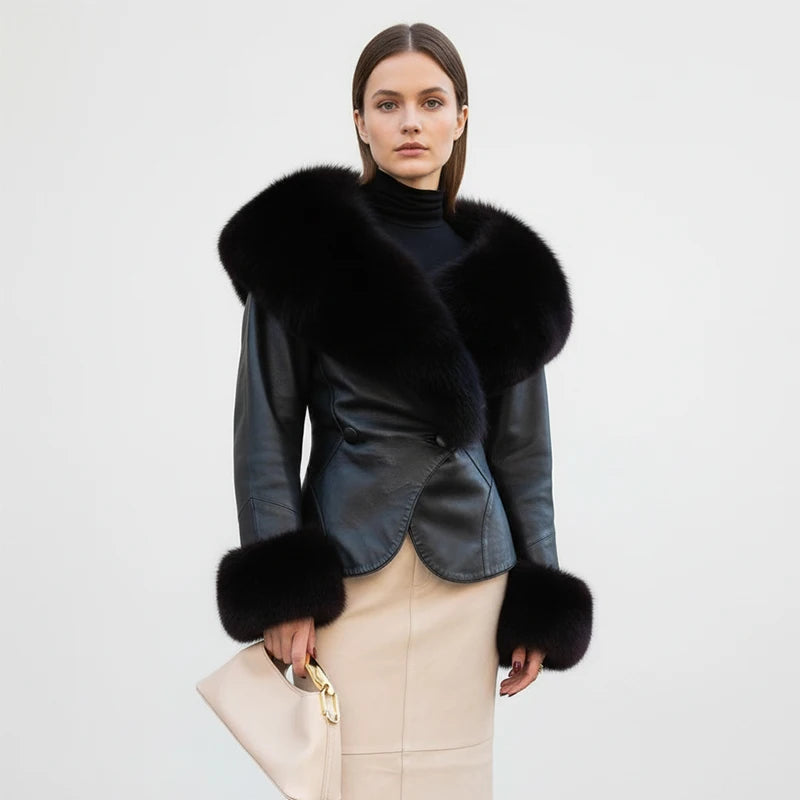 Black Faux Fur Collar Leather Jacket Elegant Lapel V-neck Waist Cinching Long-sleeved Short Coats Lady Winter Commute Coat 2025