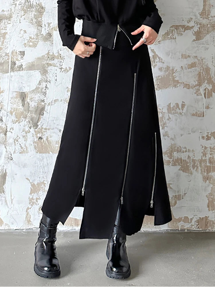 Skirt – High Elastic Waist Zipper A-Line Split – Jersey – Black | KIMLUD