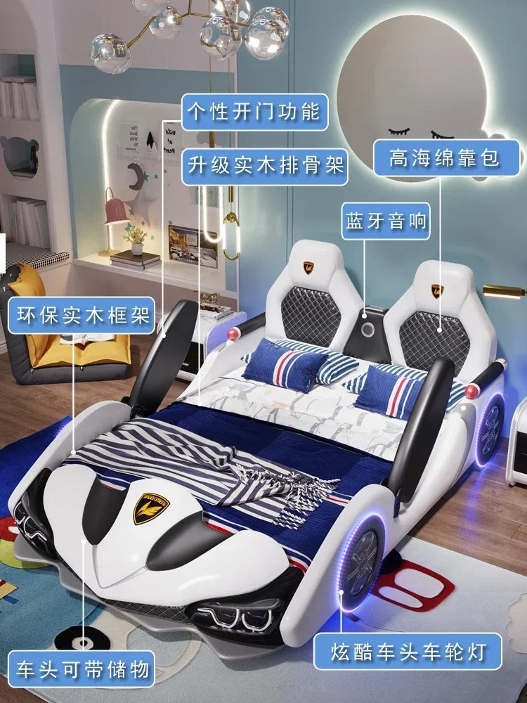 Children's Bed Boys and Girls 1.8m New Creative Cartoon Car Bed 1.5m Princess Leather Bed with Guardrail Blue