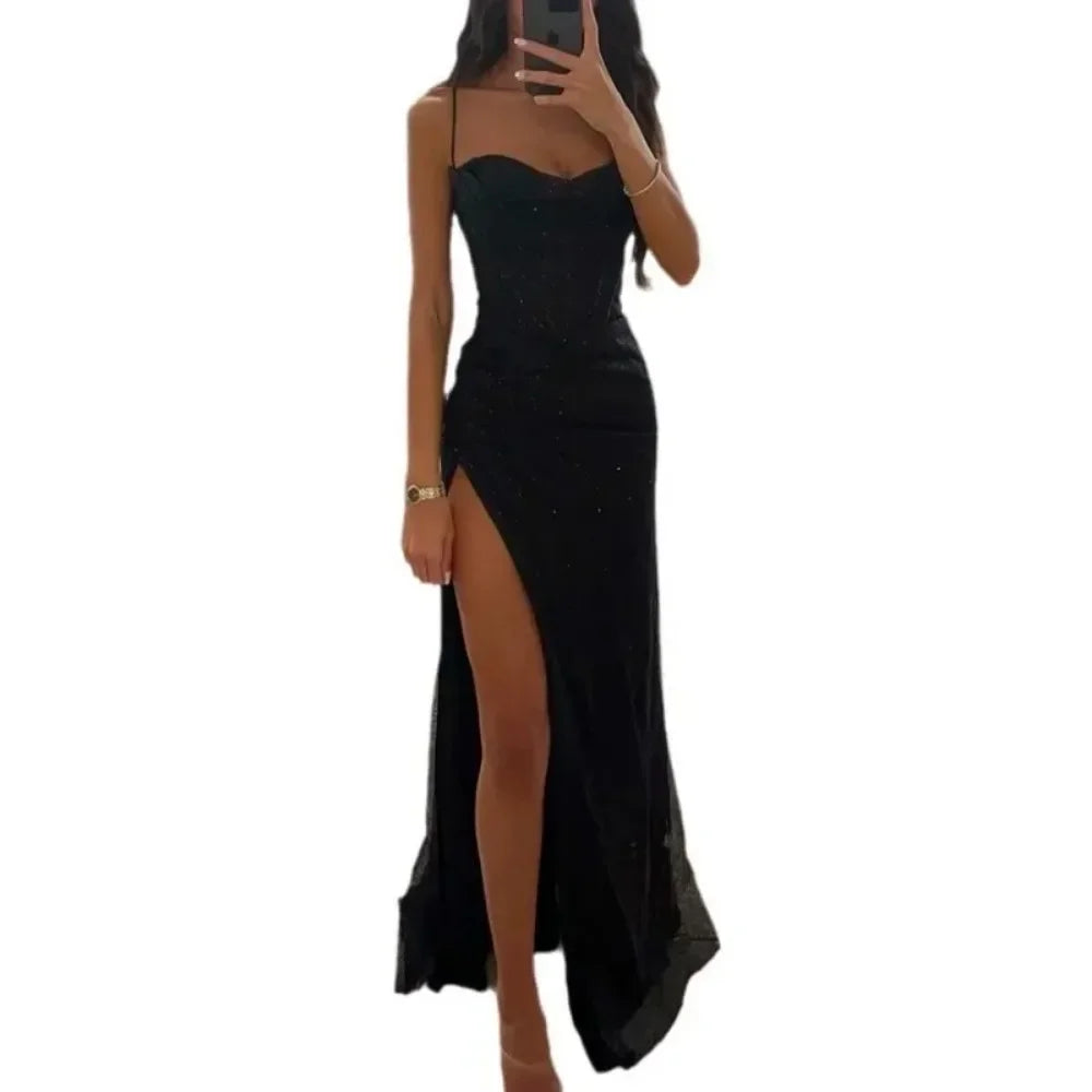 Women's S-XL size Party Fashion Suspender Dress with A Straight Neckline Sleeveless Solid Color Slim Fit Slit Casual Long Dress