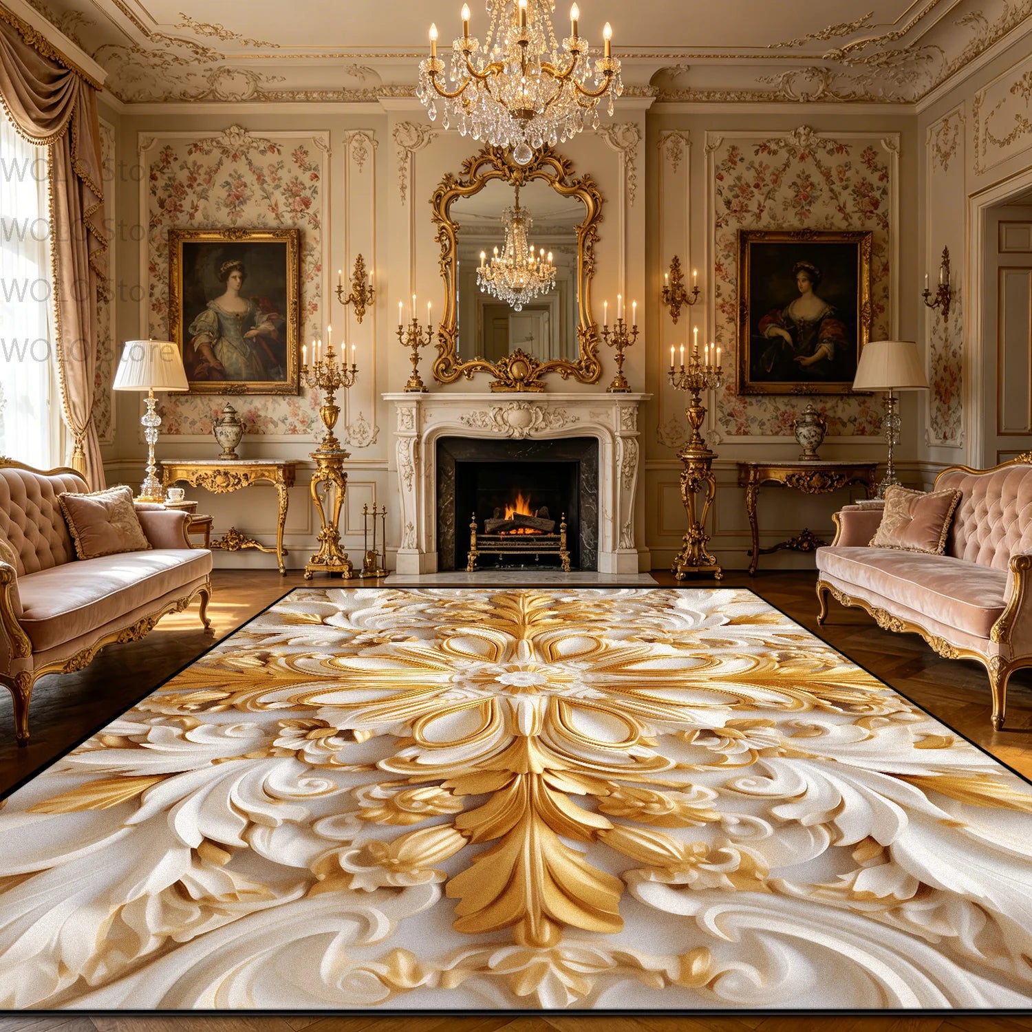 Luxurious Rococo Geometric Area Rug — Gold | KIMLUD