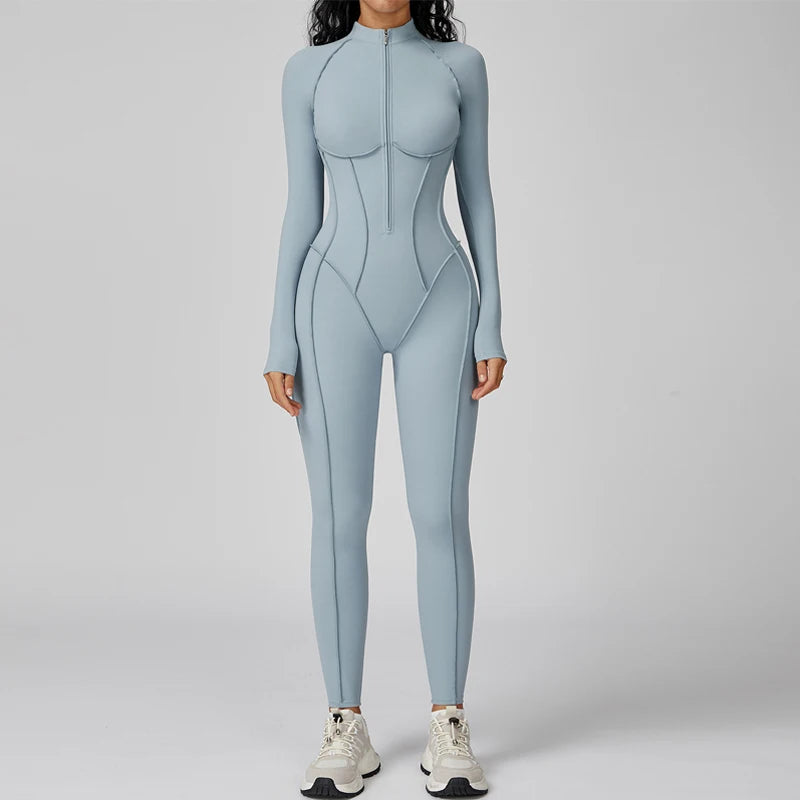 Women Running Romper – Built-In Bra Zip Front – Nylon One Piece | KIMLUD