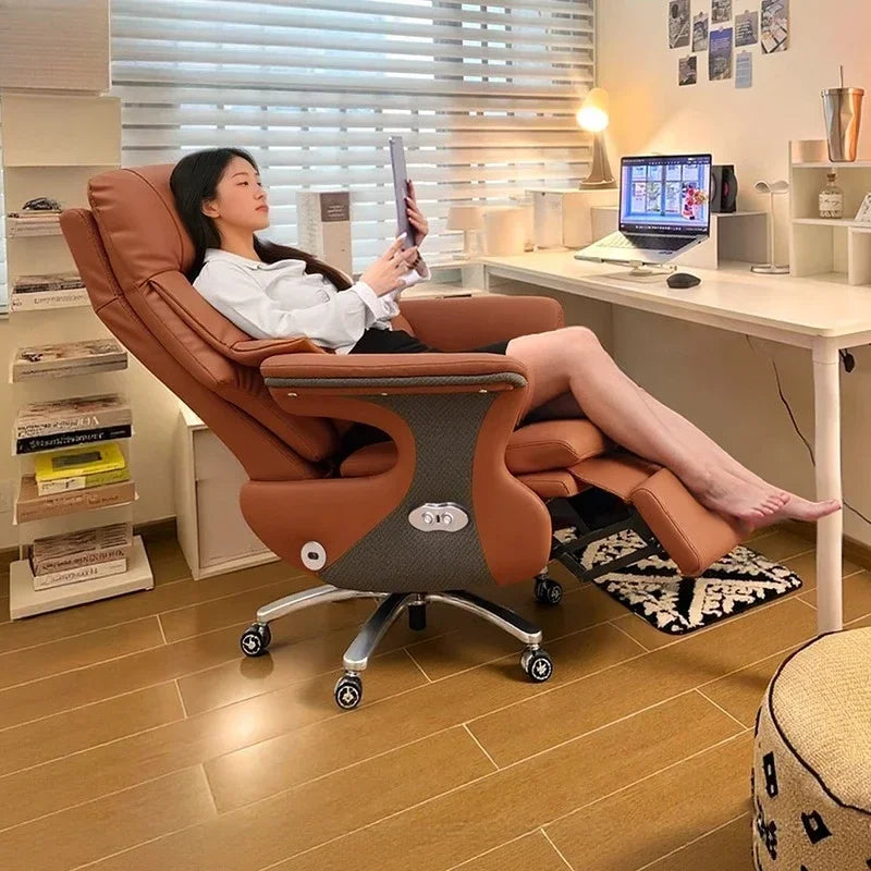 Leather Ergonomic Reclining Gaming Chair — Camel | KIMLUD