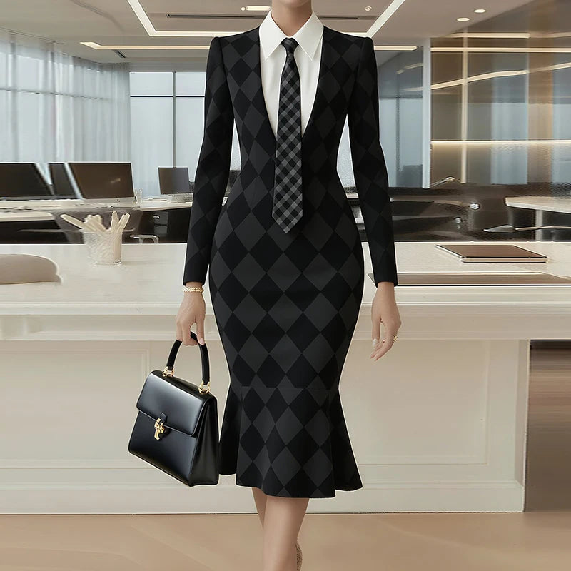 Turn-Down Collar Simple Mermaid Dress, Women Spring Autumn Long Sleeve Print Trumpet Dress, New Fashion Office Chic Ladies Dress