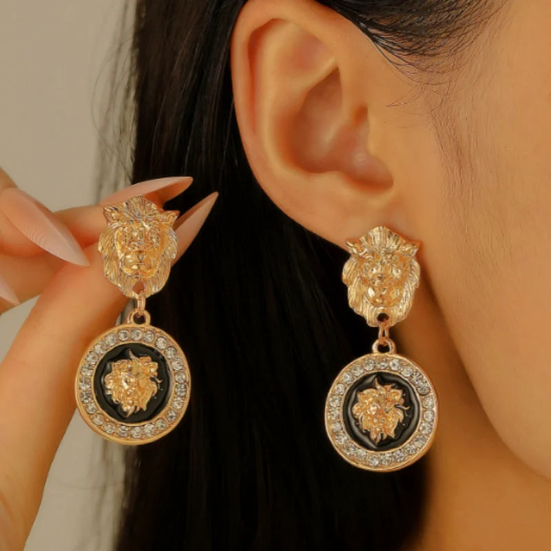 Metal Lion Head Necklace Earrings Set — Gold | KIMLUD