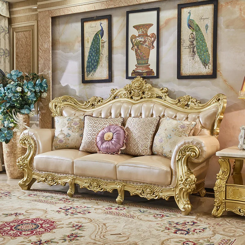 Rubberwood Solid Wood Sofa Set 1+2+3 Piece — Antique European Royal Style | Gold