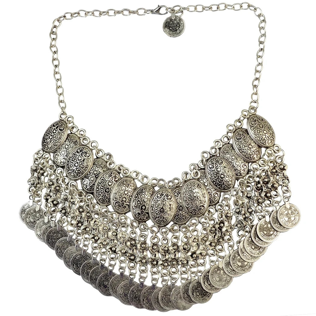 Afghan Bohemian Jewelry Set – Coin Tassel Necklace Earrings – Gold & Silver | KIMLUD