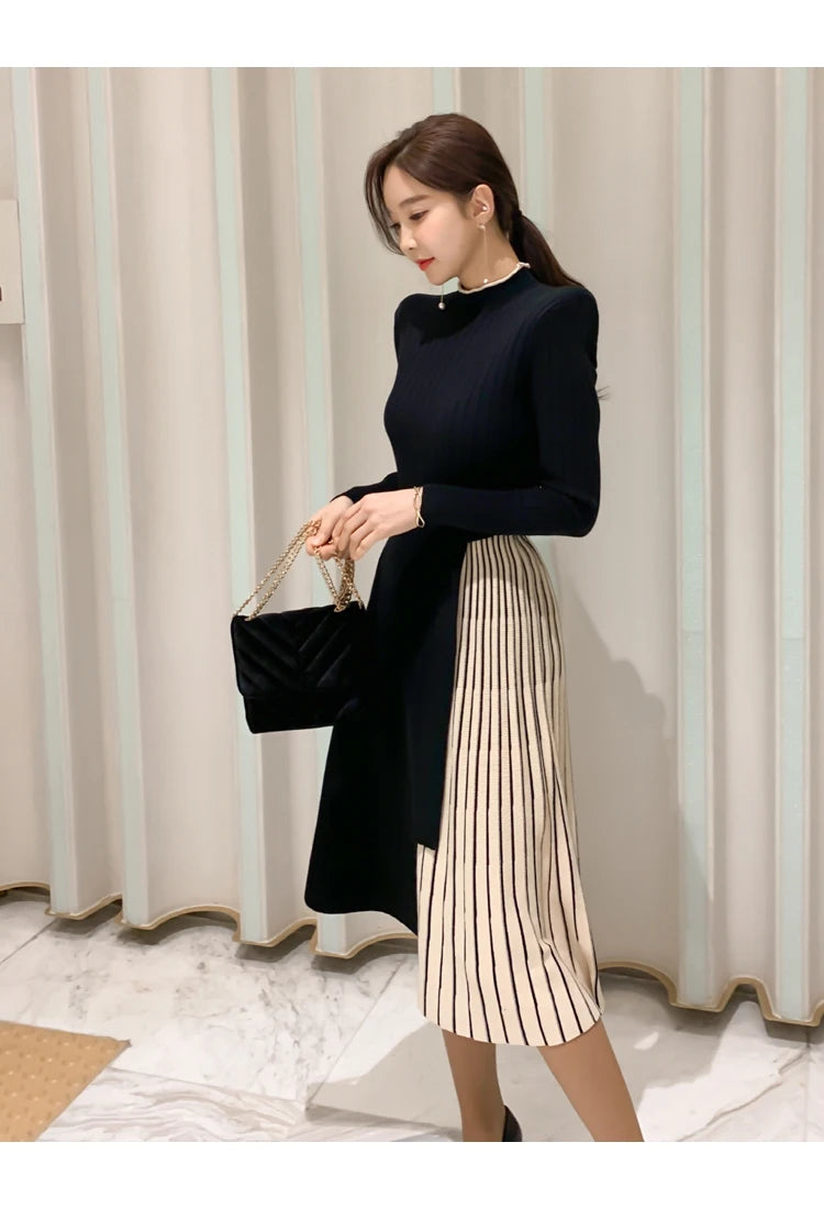 H Han Queen New Winter Elastic Knitted Dresses Women Color matching Lace-up Sweater Dress Fashion Slim Work Office Vestidos