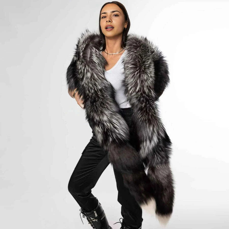 KIMLUD, Real Silver Fox Fur Coat For Women Real Long Fox Fur Cape With Tails Real Fox Fur Shawl Best Selling Natural Fur Jacket, KIMLUD Womens Clothes
