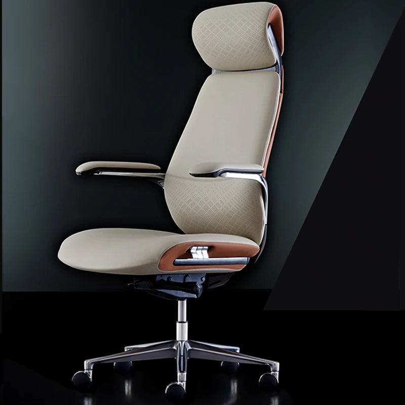 Leather Executive Office Chair With Ergonomic Back Support And Five Star Alloy Base — Cream Beige | KIMLUD
