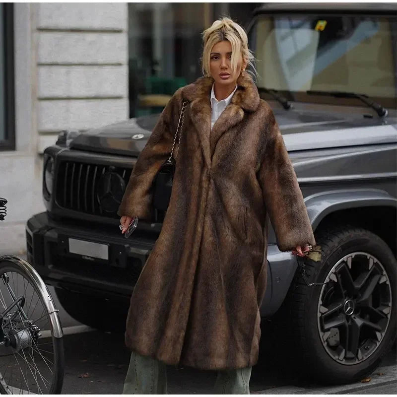 Winter Warm Thick Women Faux Fur Coats Luxury Oversized Long Coats Fleece Overcoat 2025 New Female Elegant Street Outerwear