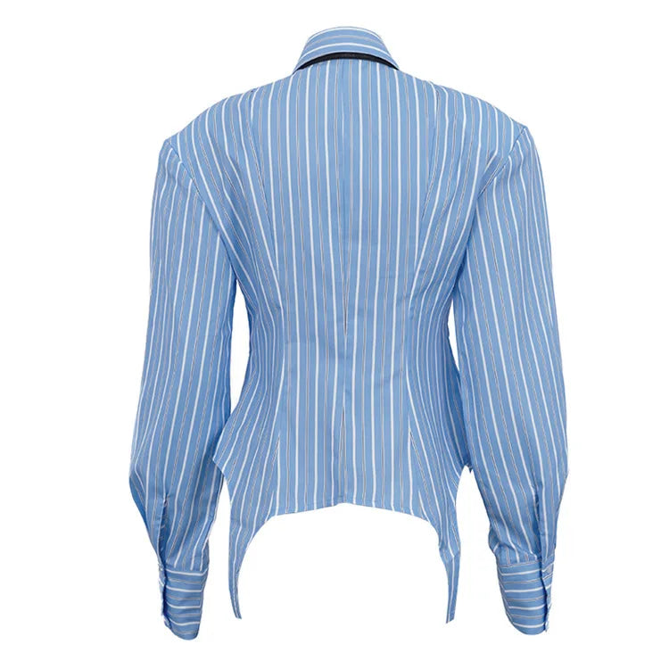 Polyester Striped Blouse Pointed Collar Long Sleeve — Blue Pinstripe | KIMLUD
