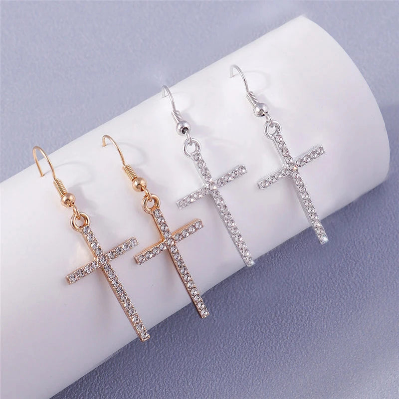 Silver-Tone Cross Earrings Zircon Crystal Dangle — Silver | KIMLUD