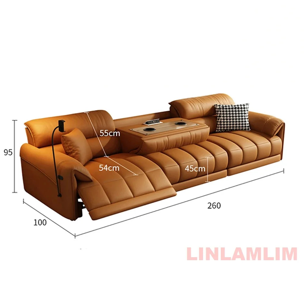 Italian Genuine Leather Electric Reclining Sofa With Adjustable Footrest USB And Foldable Center Console — Caramel Tan | KIMLUD