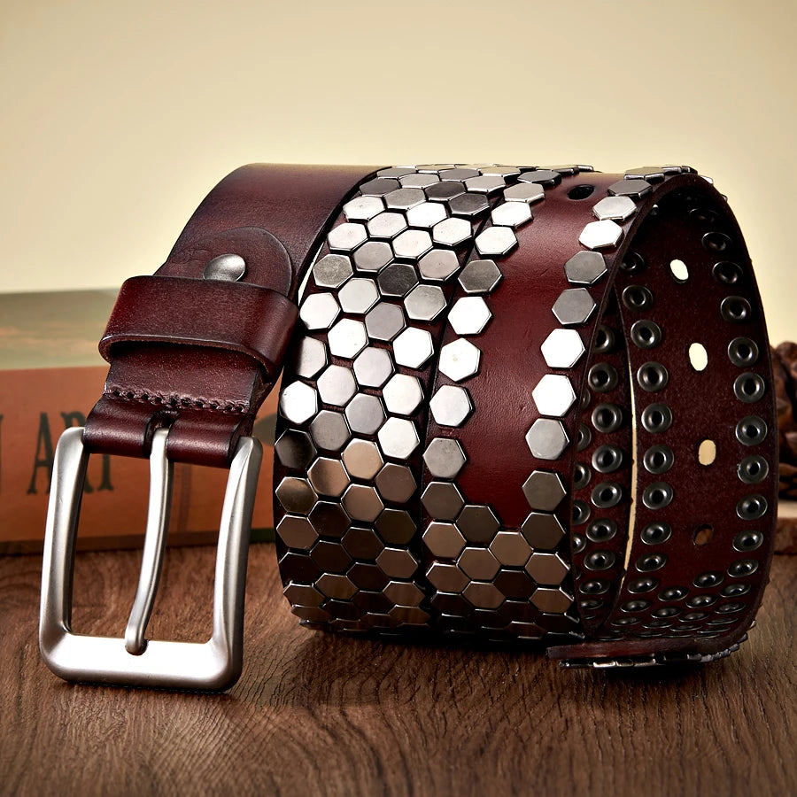3.8cm Width Men Rivet Studded Belt Punk With Pin Buckle Belts Hip Hop Male High Quality Genuine Leather Belt Rock Strap