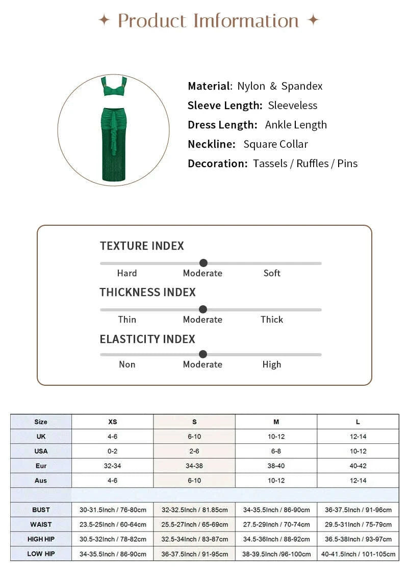 KIMLUD, VC Fashion Summer Beach Green Tassel Dress And Cropped Top Set Ruched Waist Design for Vacation Party, KIMLUD Womens Clothes