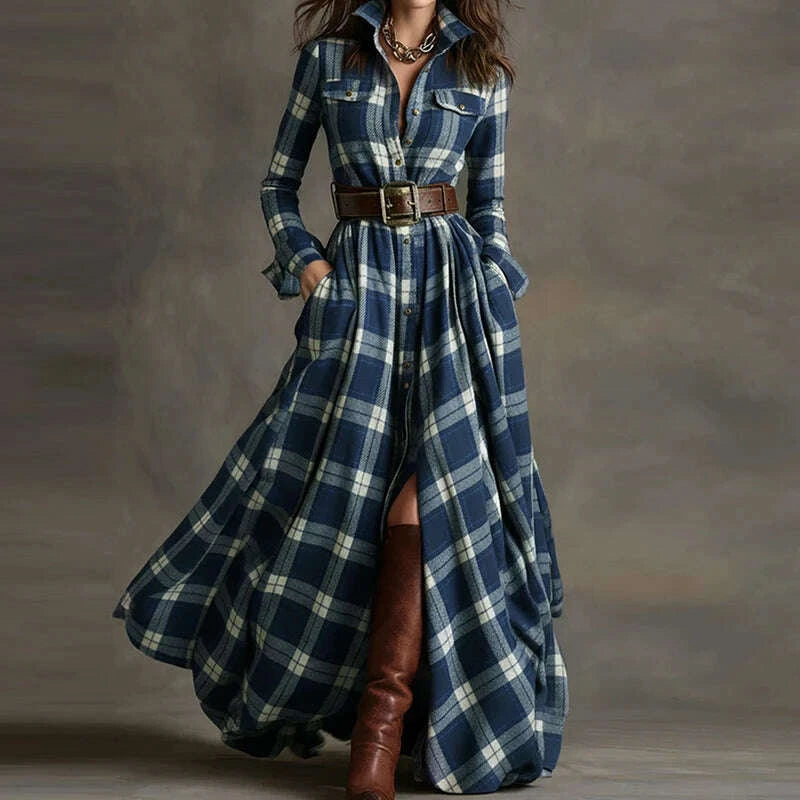 KIMLUD, 2025 Turn-Down Collar Patchwork Party Dress, Women Spring Autumn Long Sleeve Chic Maxi Dress, Plaid Printed Loose Cardigan Dress, KIMLUD Womens Clothes