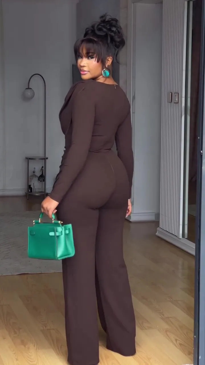High Waist Flare Pants Jumpsuit — Zipper, Office Lady, Ankle-Length | KIMLUD