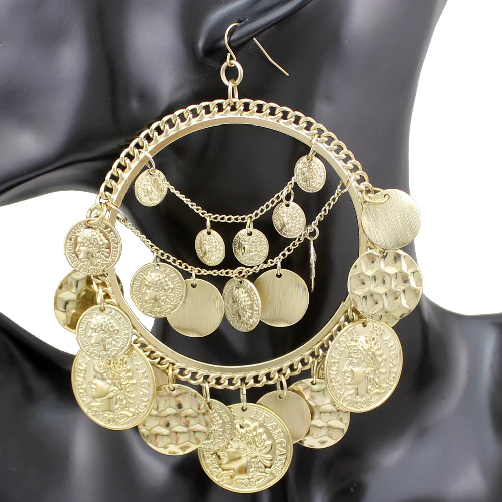 Metal Tribal Coins Hoop Earrings — Silver | KIMLUD