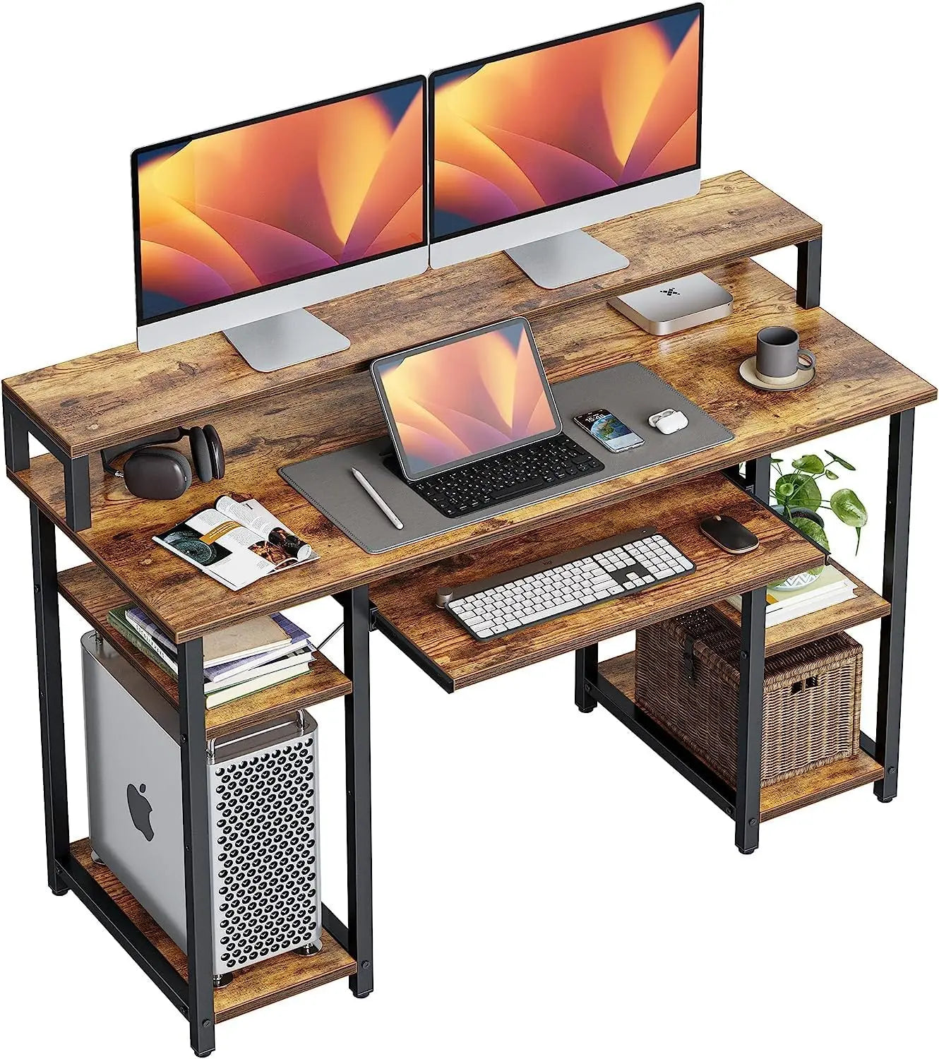 CubiCubi Computer Desk with Keyboard Tray 47 Inch Office Desk with Monitor Stand Storage Shelves Music Studio Desk Workstation