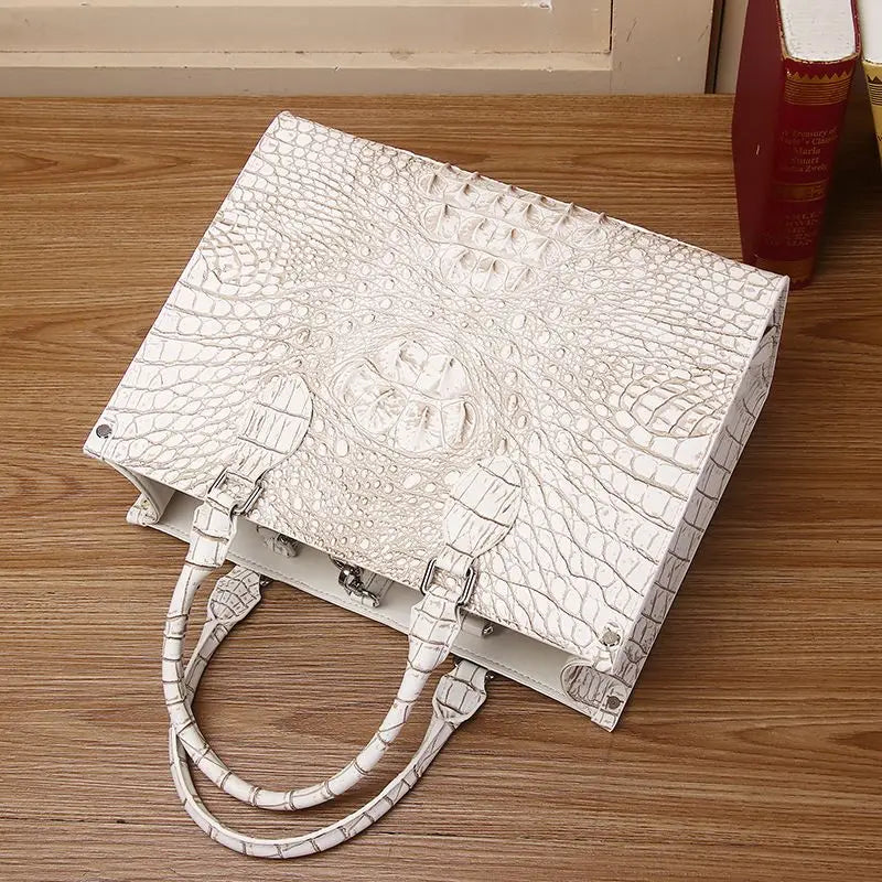 Genuine Leather Structured Tote Bag — Bone White | KIMLUD