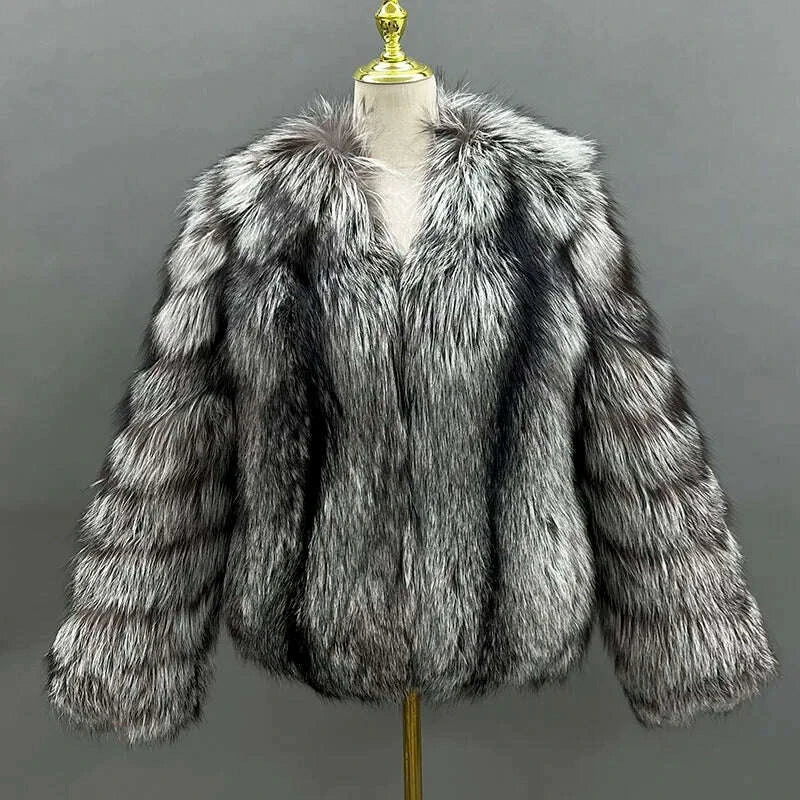 KIMLUD, JANEFUR 2024 Thick Warm Real Fox Fur Coat Fashion Female V-neck Fox Fur Collar Coats Elegant luxury Lady Fur Outwear, KIMLUD Womens Clothes
