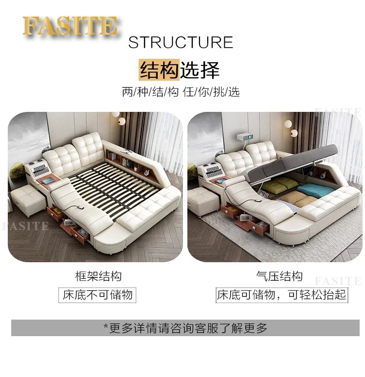 Genuine Leather Bed Tech Smart Multifunctional Massage, Bluetooth Speaker, Air Cleaner — White | KIMLUD