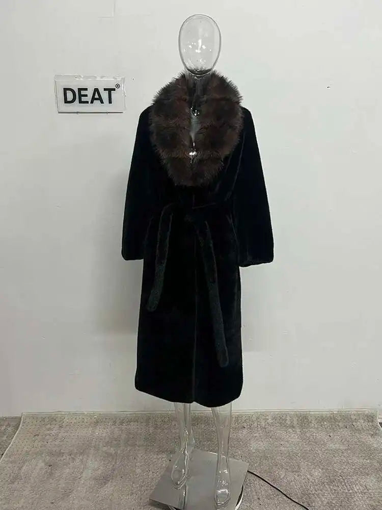 DEAT Fashion Women's Imitation Mink Fur Coat Fur Collar Loose Long Sleeves Thick Warm Overcoat Winter 2024 New tide 7AB6171