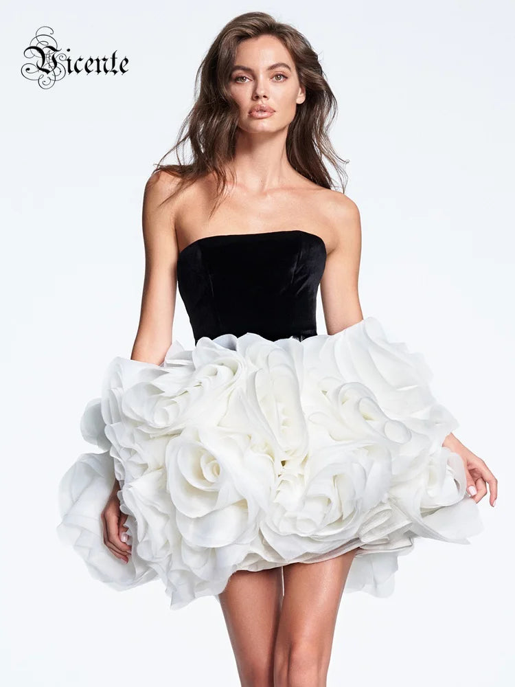 VC Black and White Ruffled Short Dress Tube Velvet Top Sleeveless Open Back 3D Structured Flowers Cocktail Party Mini Ball Gown