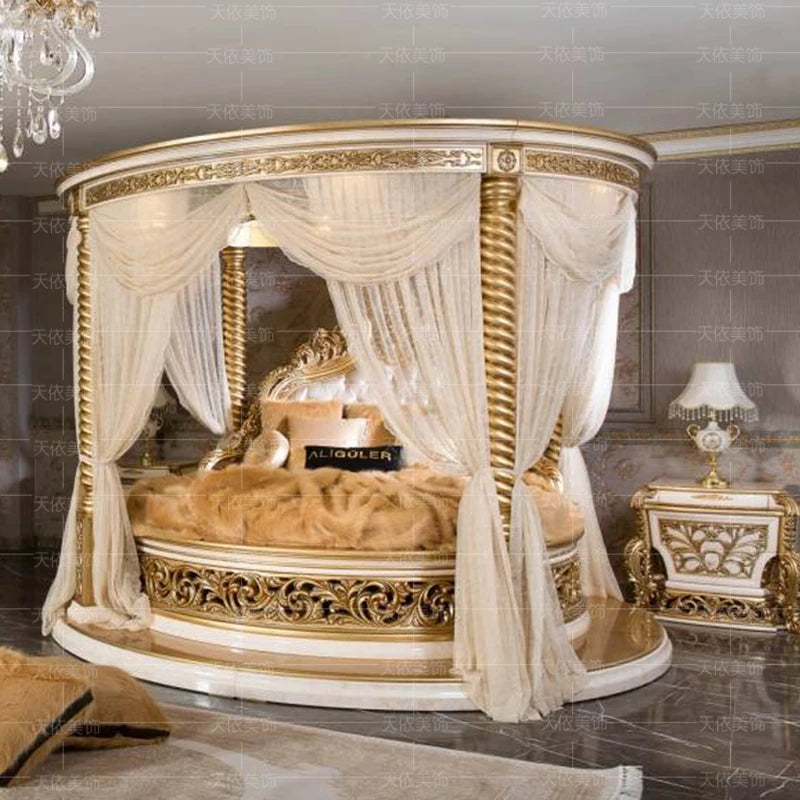 European Luxury Round Bed Castle Wood Bedroom Wedding Double Bed Comfortable Adult High Quality Letto Matrimoniale Furniture