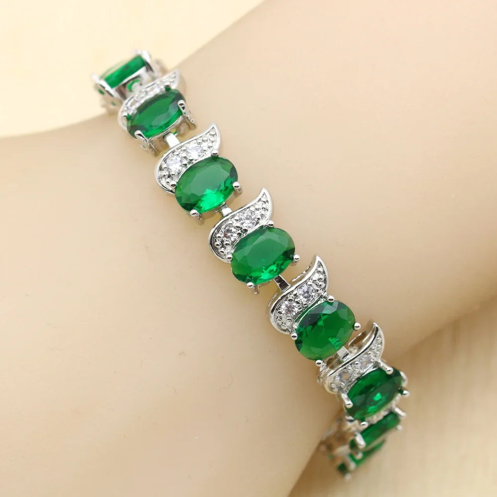 925 Silver Jewelry Sets Green Zirconia Necklace Pendant Hoop Earrings Ring Bracelet For Women Gift Box