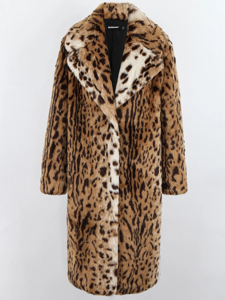 Nerazzurri Winter Long Loose Luxury Thick Warm Soft Fluffy Leopard Print Faux Fur Coat Women Lapel Runway European Fashion 2022