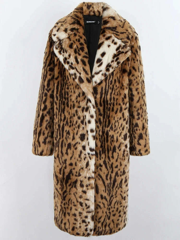 KIMLUD, Nerazzurri Winter Long Loose Luxury Thick Warm Soft Fluffy Leopard Print Faux Fur Coat Women Lapel Runway European Fashion 2022, KIMLUD Womens Clothes
