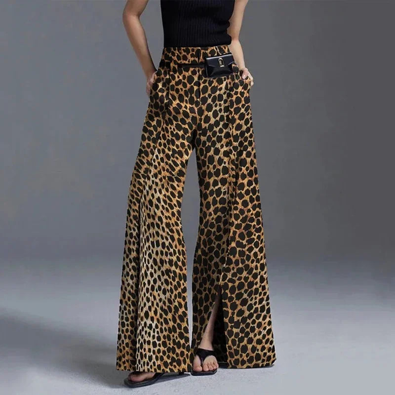 UOOZEE Women High Street Leopard Printed Pants 2025 New Arrivals Casual Loose Split-Front High-Waist Wide Leg Trousers Bottoms