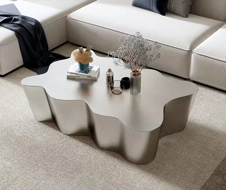 Industrial Metal Coffee Table Sculptural — Brushed Stainless Steel | KIMLUD