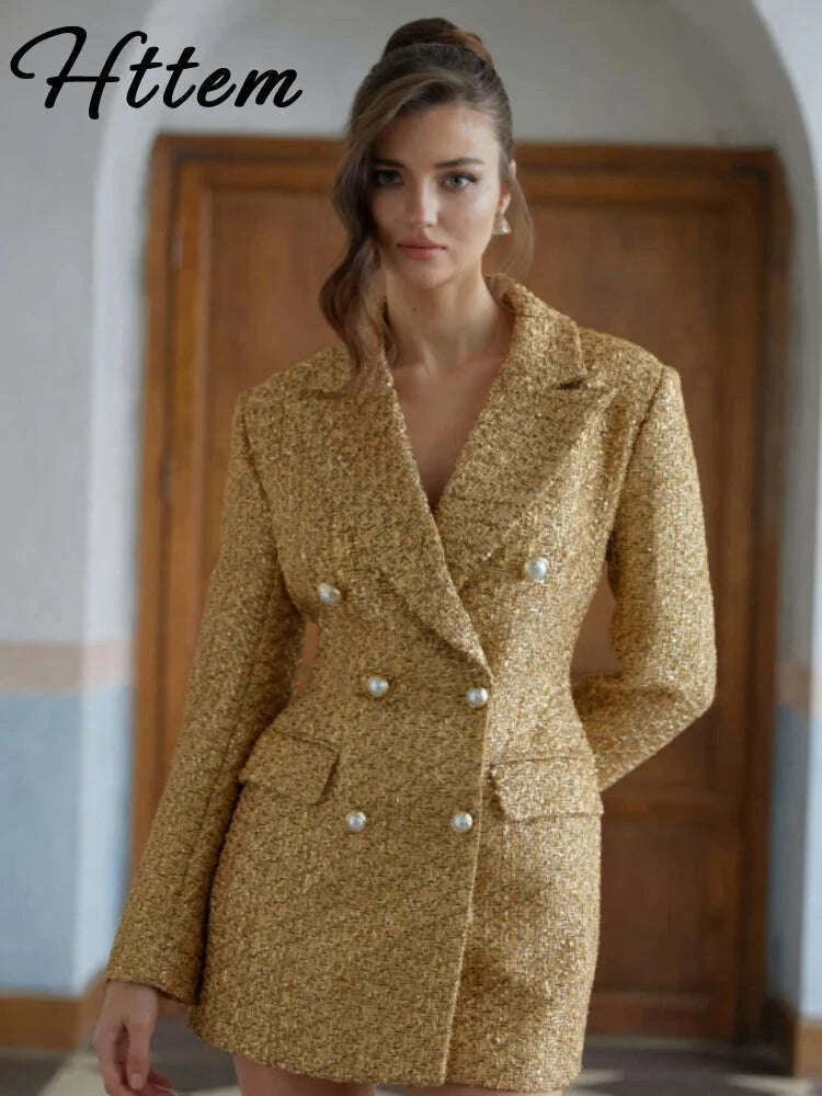 KIMLUD, Elegant Paillettes Blazer Coat Women Lapel Doube-breasted Fake Pocket Slim Jackets Lady 2025 Autumn Winter Streewear Female New, KIMLUD Womens Clothes