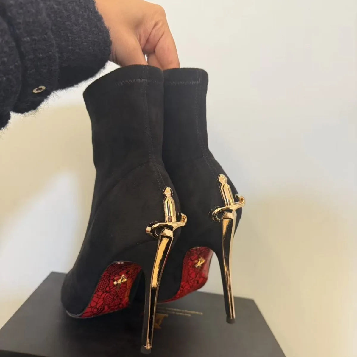 Velvet Boots "High Heel Ankle Boots" Winter — Red | KIMLUD