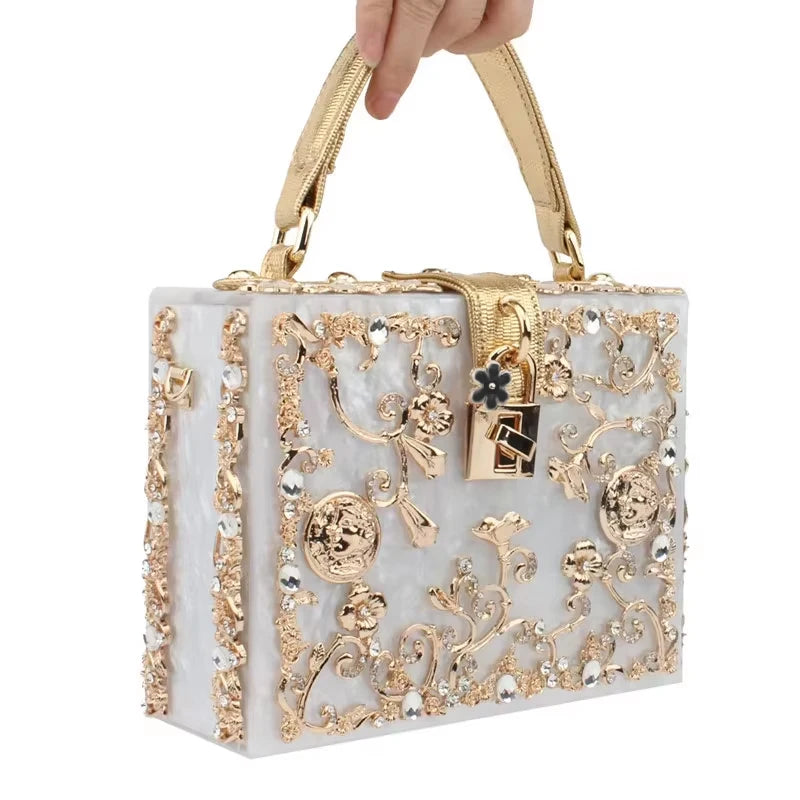Acrylic Box Clutch Rhinestone Embroidery Champagne-Gold Double-Row Detailing — Ivory | KIMLUD
